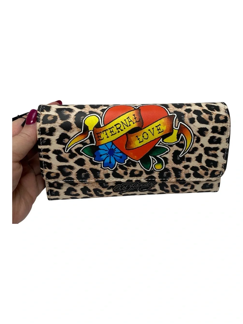 Ed Hardy Leopard Print Wallet with Red & Yellow Heart Tattoo Graphic - Picture 1 of 6